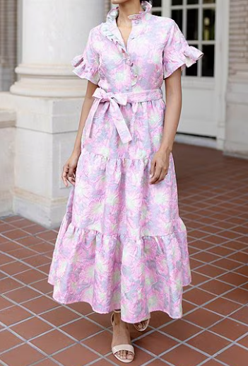 Ruffle Sleeve Jacquard Midi Dress