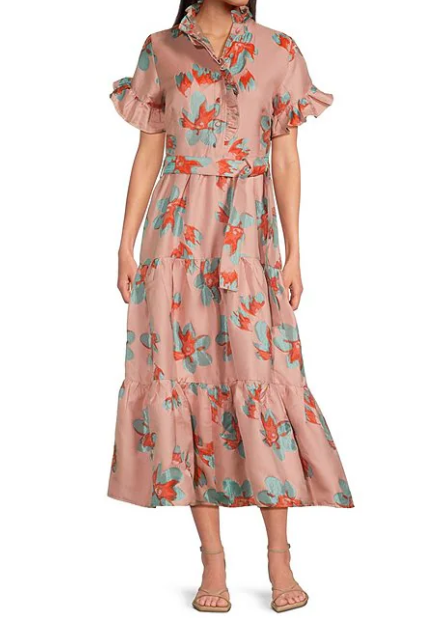 Ruffle Sleeve Jacquard Midi Dress