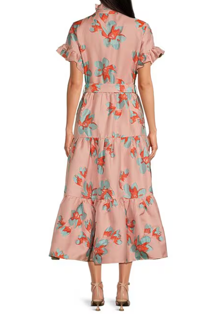 Ruffle Sleeve Jacquard Midi Dress