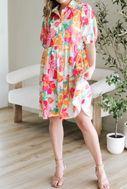Puff Sleeve Printed Shirt Dress
