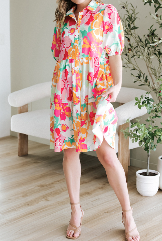 Puff Sleeve Printed Shirt Dress