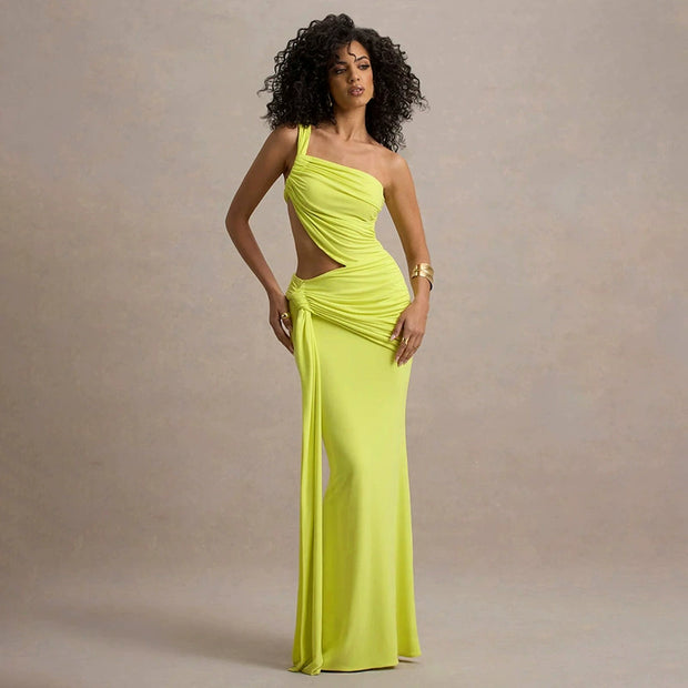Sexy one-shoulder slim fit pleated ribbon dress