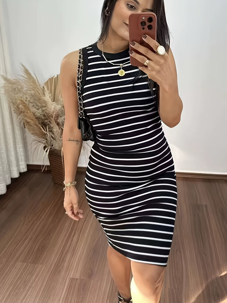 Sleeveless Elegant Black and White Striped Fitted Dress