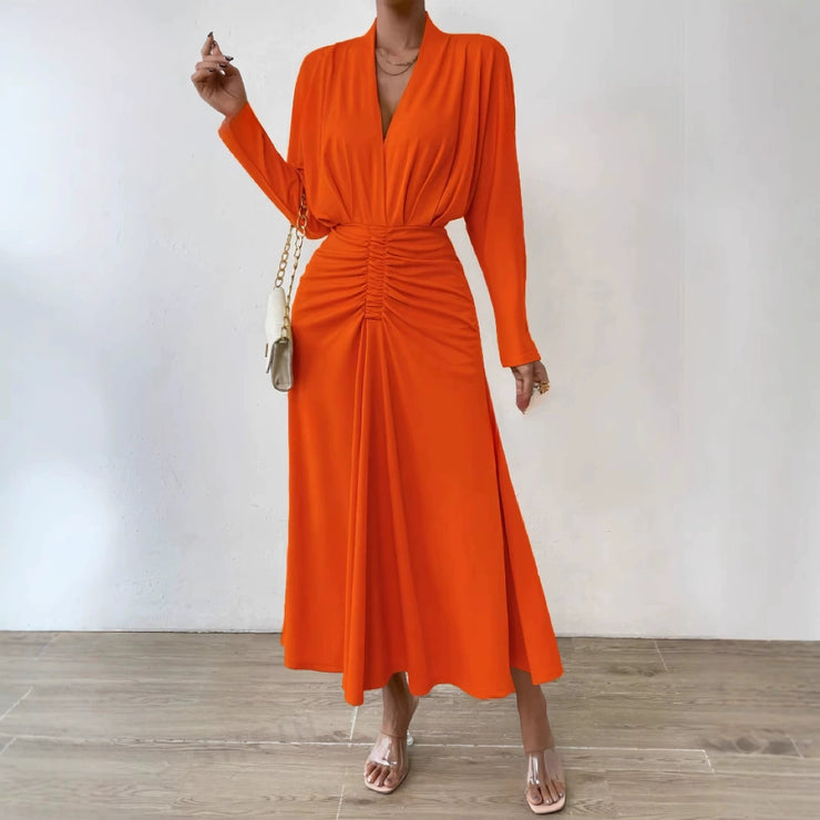 Solid color long sleeve V-neck elegant dress