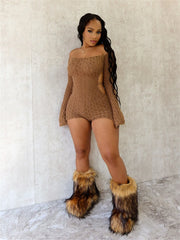 Off-the-shoulder long-sleeved slim-fit hip jumpsuit