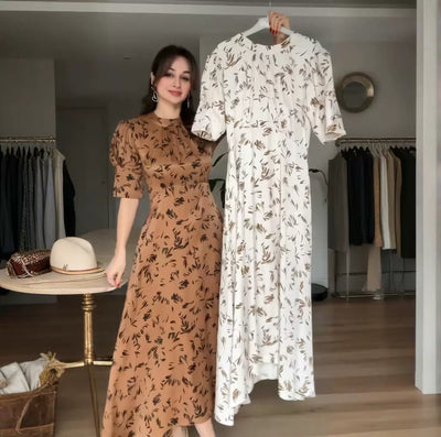 Round neck floral retro French dress