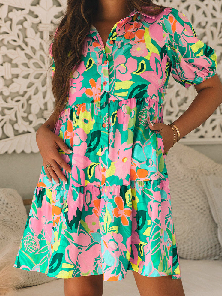 Puff Sleeve Printed Shirt Dress