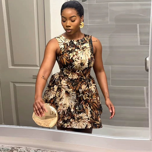 Summer new round neck printed sleeveless dress