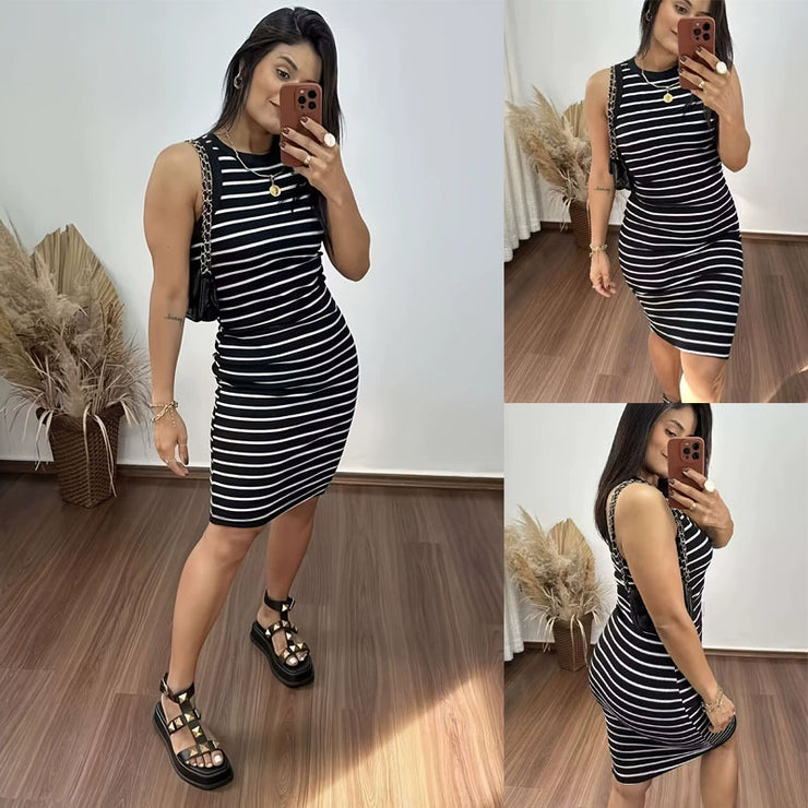 Sleeveless Elegant Black and White Striped Fitted Dress