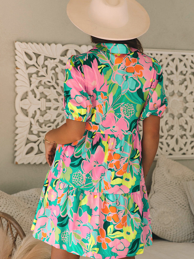Puff Sleeve Printed Shirt Dress