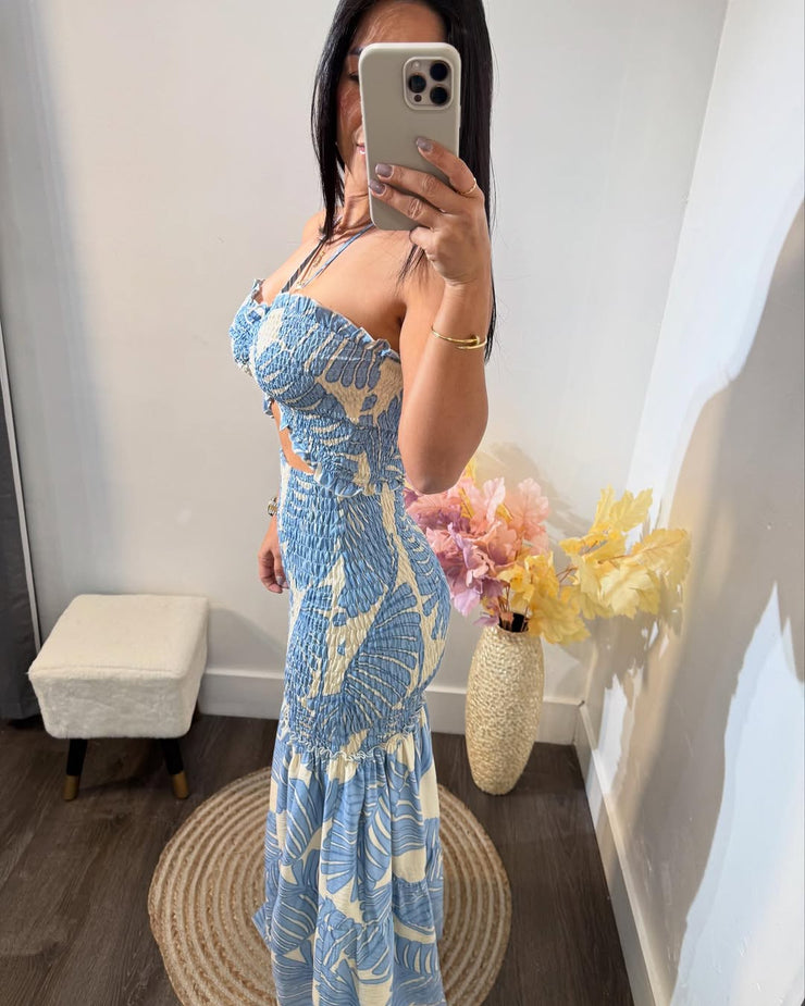 Temperamental blue dress with brown leaf print