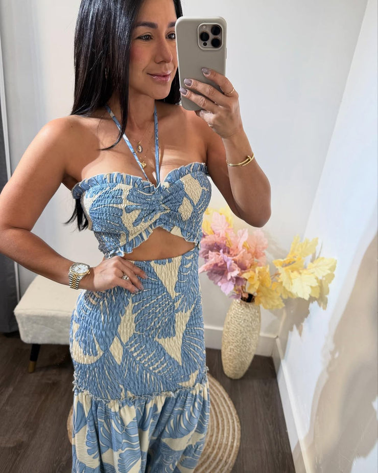 Temperamental blue dress with brown leaf print