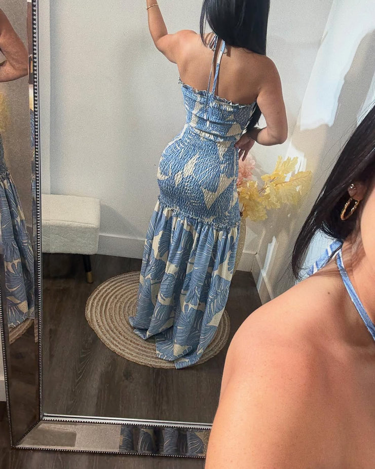 Temperamental blue dress with brown leaf print