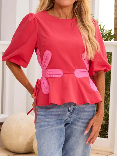 Bubble Sleeve Printed Waist Cinching Top