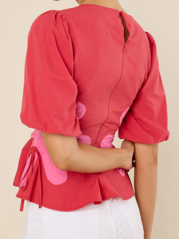 Bubble Sleeve Printed Waist Cinching Top