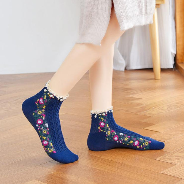 Pearl Lace Floral Cotton Socks