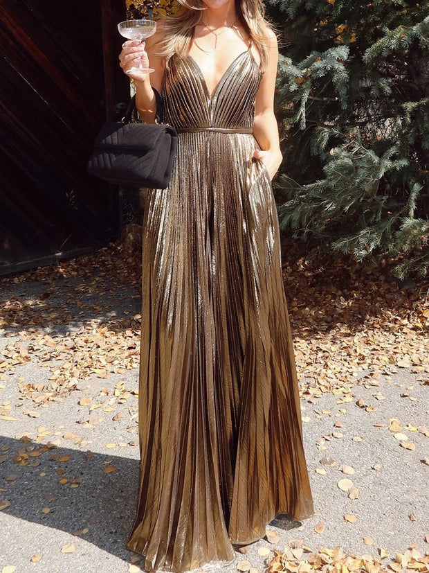 Backless Pleated High Waist Party Jumpsuit