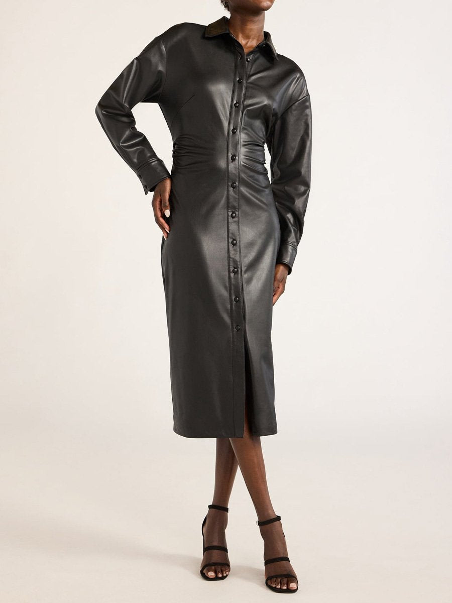 V-neck long sleeve button leather dress