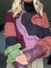 Multicolor Patchwork Knit Turtleneck Sweater