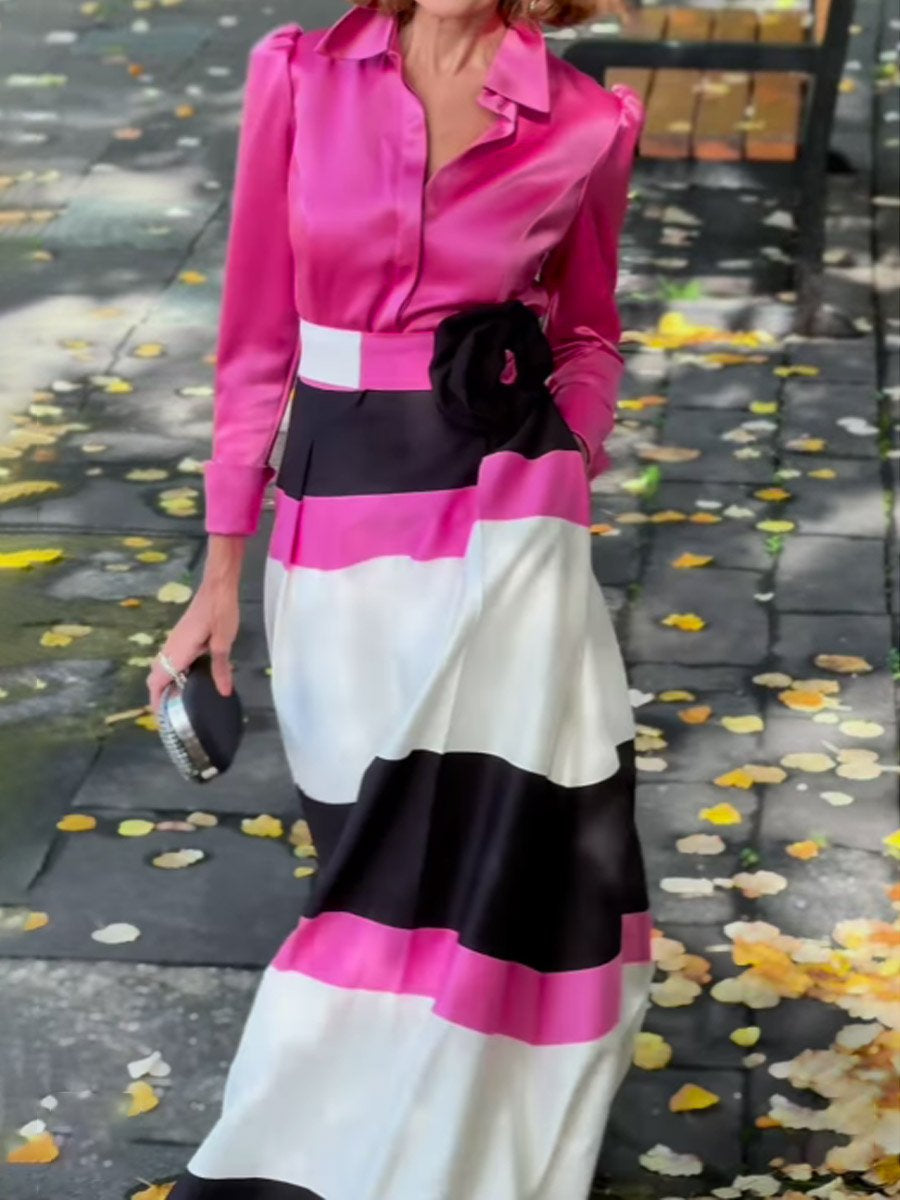 Elegant Color Block Long Sleeve Maxi Dress