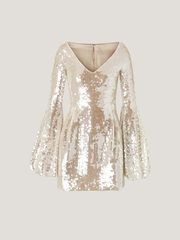 Bell Sleeve V Neck Sequined Mini Dress