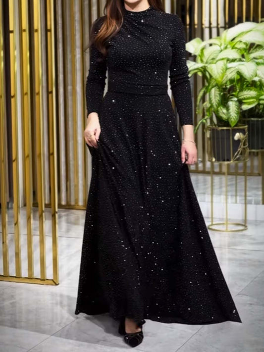 Fashion Rhinestone Sparkle Long Sleeve Maxi Dress