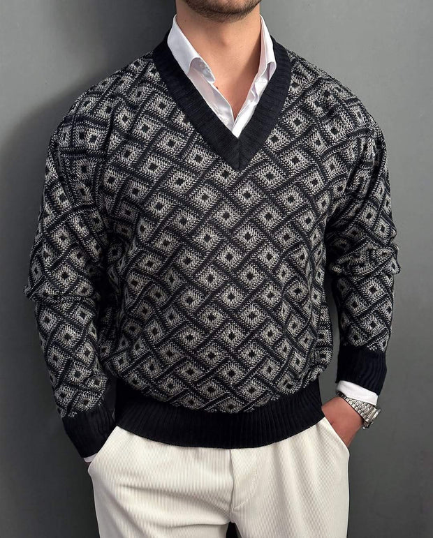 TWO-TONE TRICOT PATTERN SWEATER