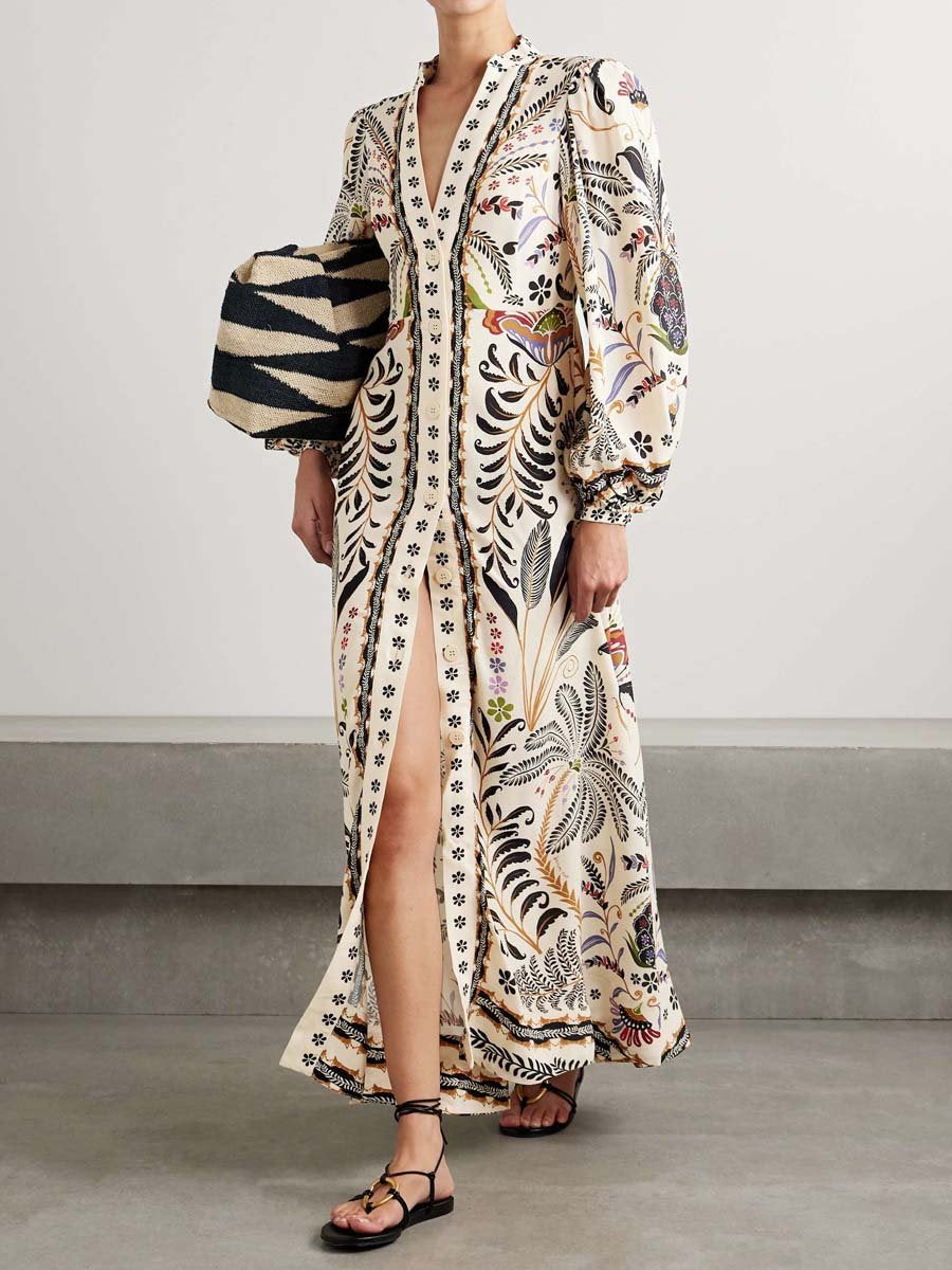 Printed Long Sleeve Button Up Maxi Dress