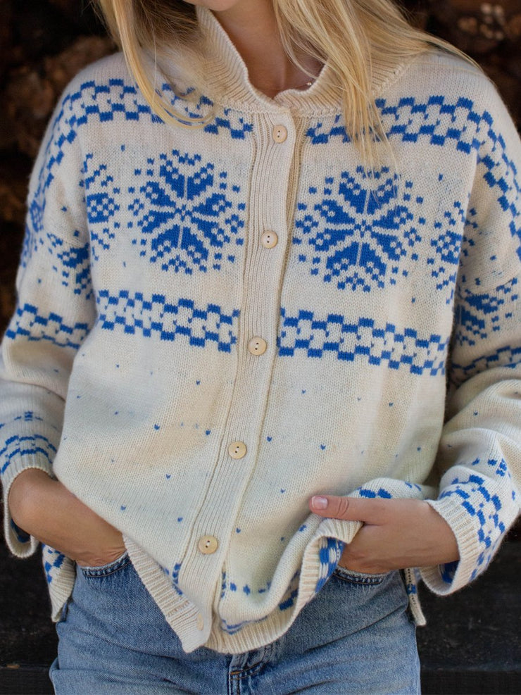 Shawl Collar Snowflake Knitted Loose Casual Sweater