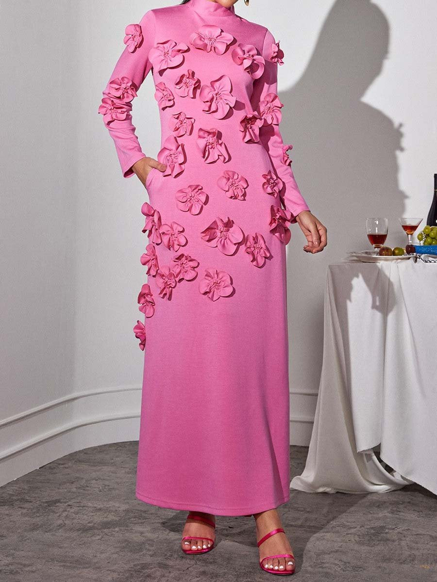 3D Flower Long Sleeve Maxi Dress