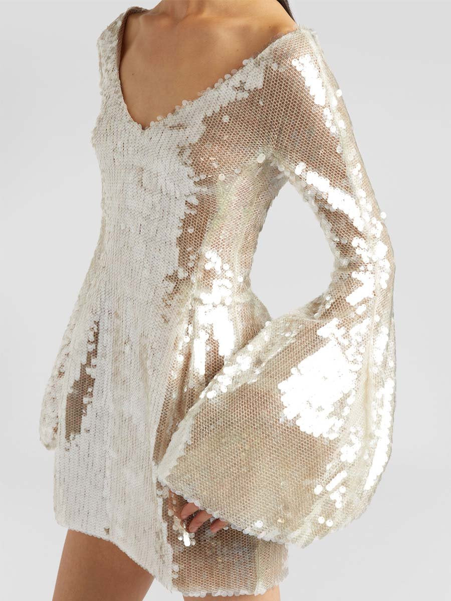 Bell Sleeve V Neck Sequined Mini Dress