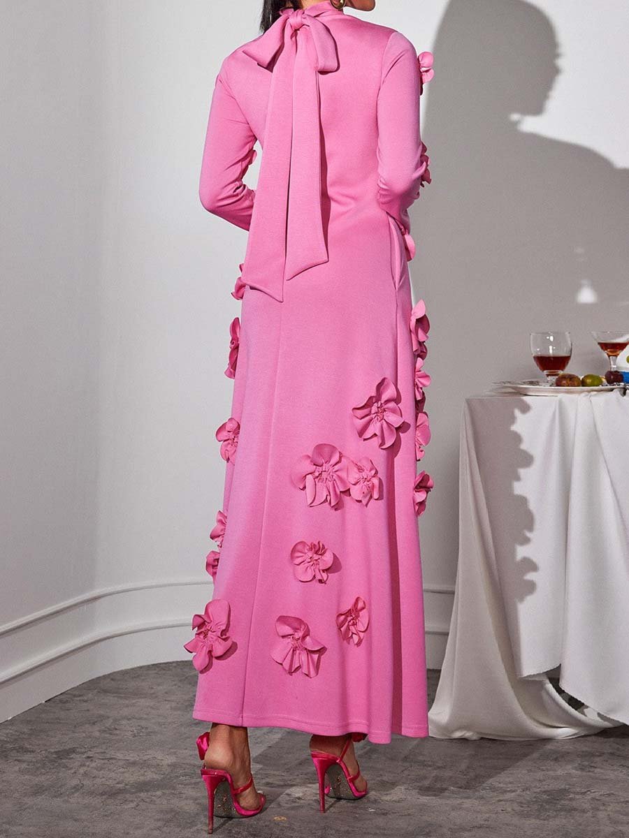 3D Flower Long Sleeve Maxi Dress