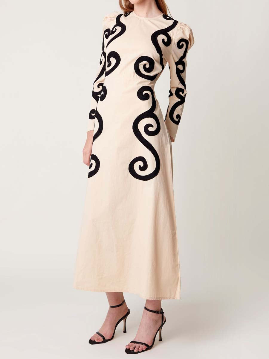 Fashion Puff Sleeve Embroidered Maxi Dress