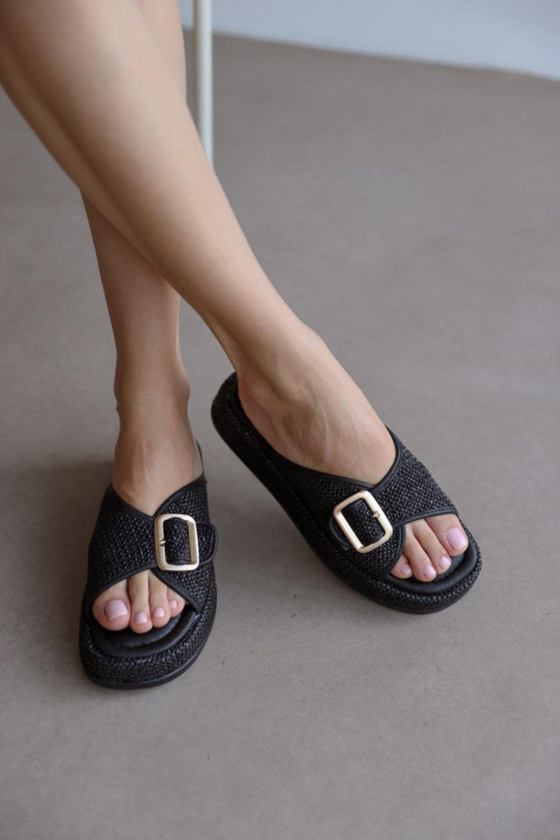 Wicker Buckle Detailed Wicker Women's Slippers