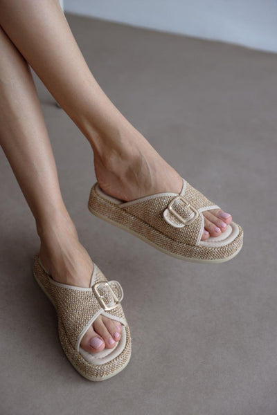 Wicker Buckle Detailed Wicker Women's Slippers
