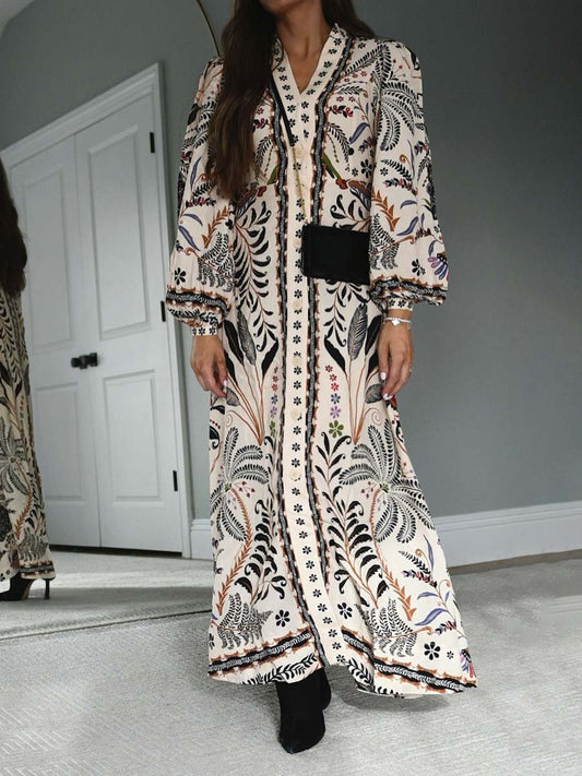 Printed Long Sleeve Button Up Maxi Dress