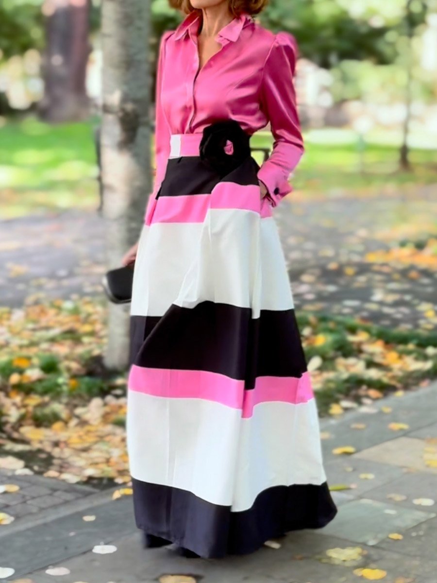 Elegant Color Block Long Sleeve Maxi Dress