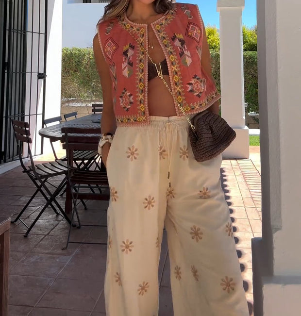 2024 Original Round Neck Sleeveless Flower Embroidery Suit