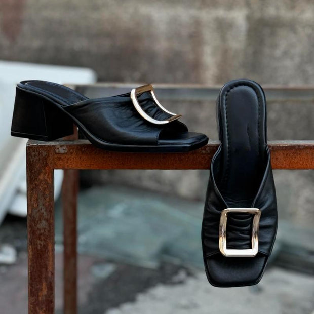 Square toe SS24 fashion metal mid-heel women's sandals