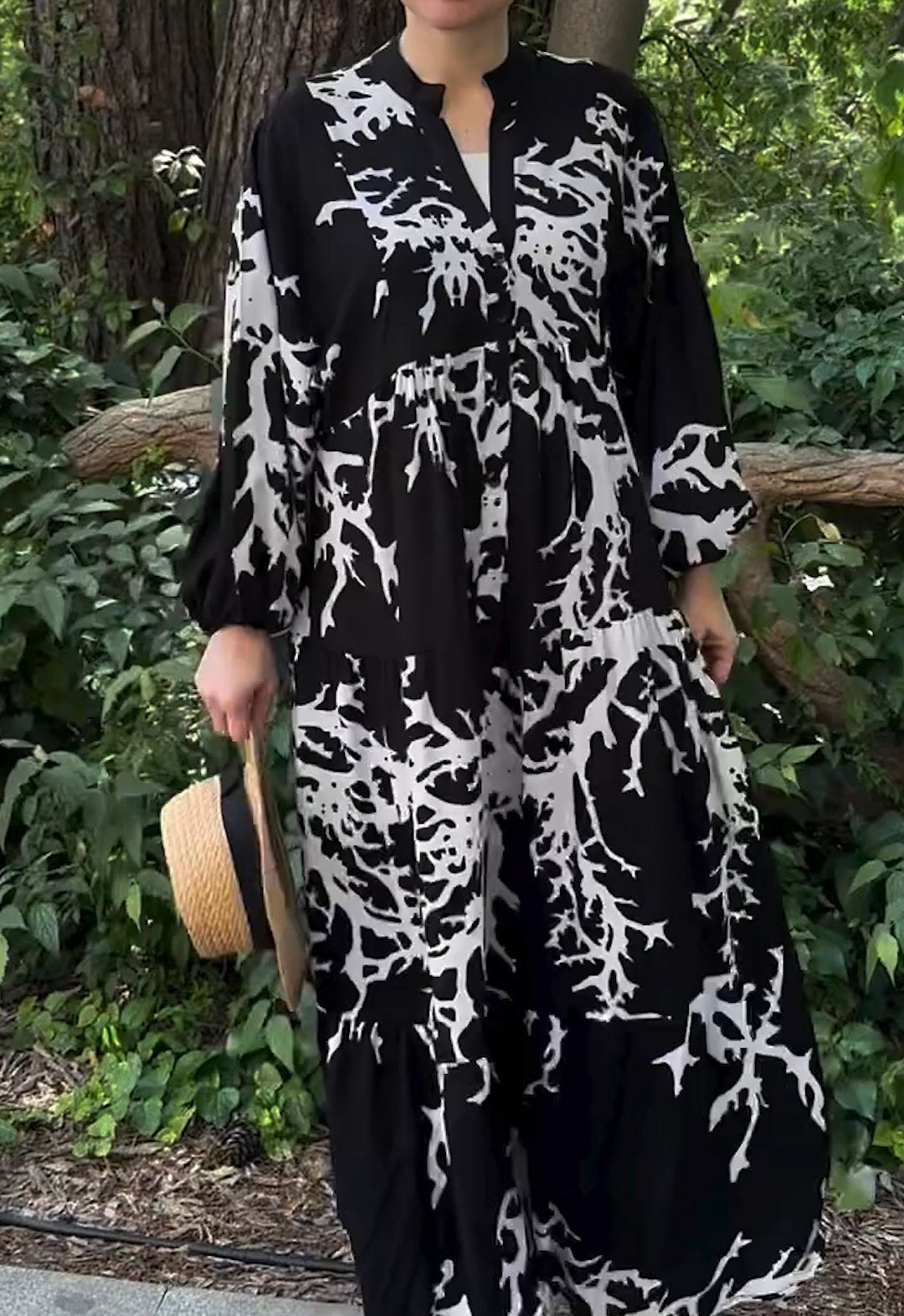 2024V-neck puff sleeve leaf print loose dress