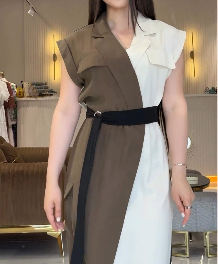 Color Block V Neck Adjustable Belted Casual Dress