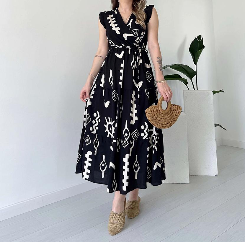 Double-breasted V-neck creative print dress