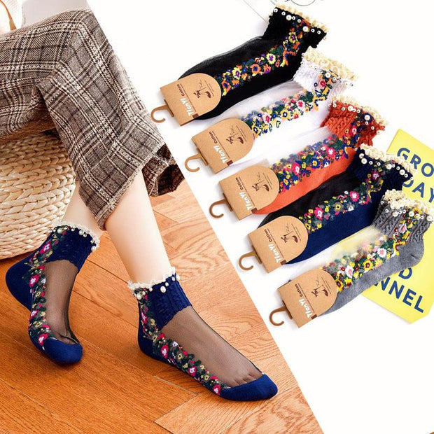 Summer Vintage Crystal Pearl Socks