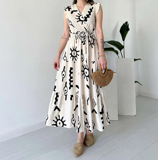 Double-breasted V-neck creative print dress