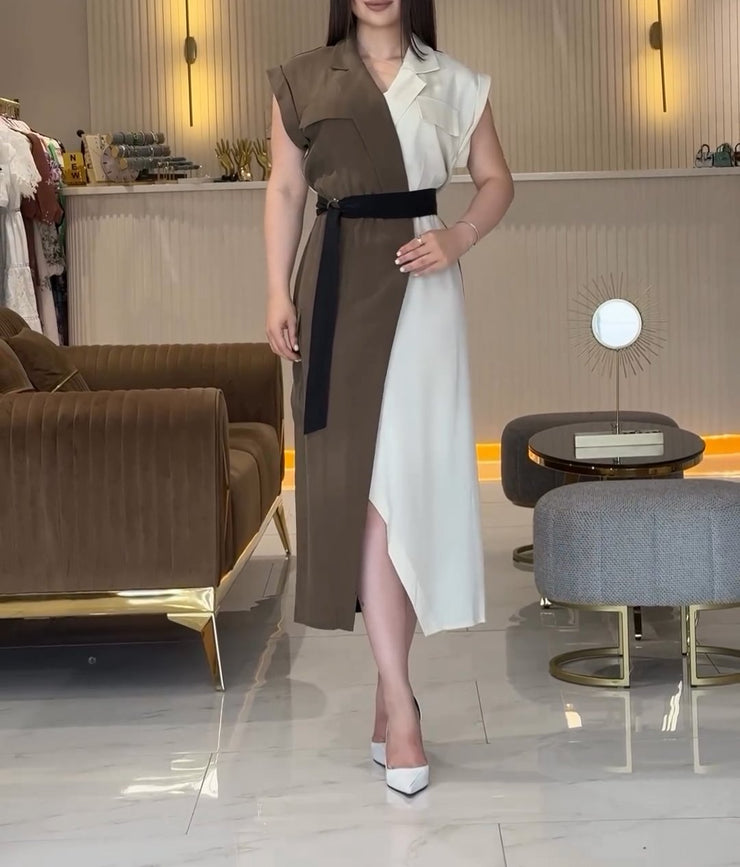 Color Block V Neck Adjustable Belted Casual Dress
