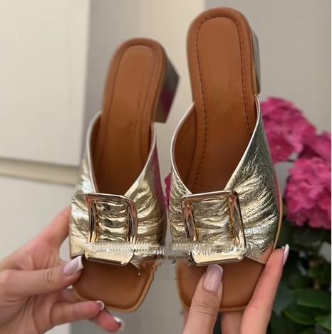 Square toe SS24 fashion metal mid-heel women's sandals