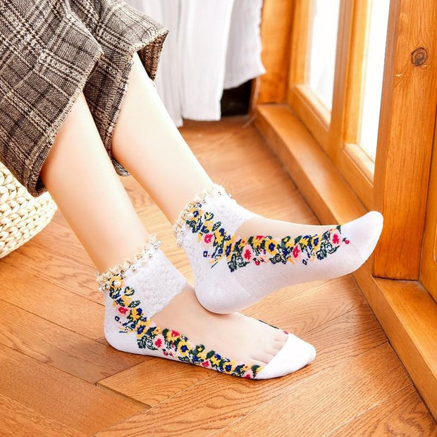Summer Vintage Crystal Pearl Socks