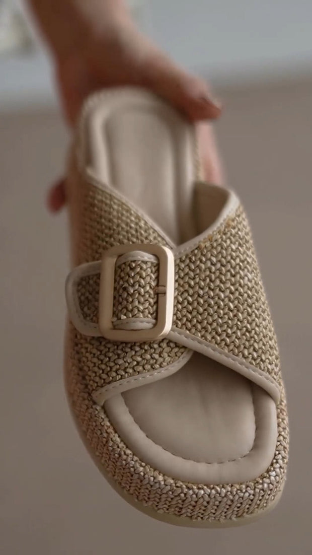 Wicker Buckle Detailed Wicker Women's Slippers